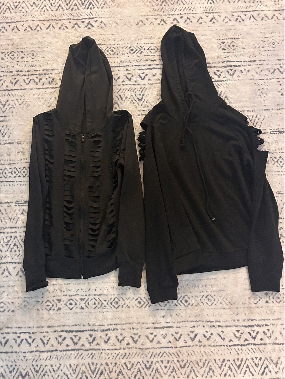 Black Distressed Zip-Up Hoodie and Black Hoodie with Shoulder Cut-Outs, Size XS